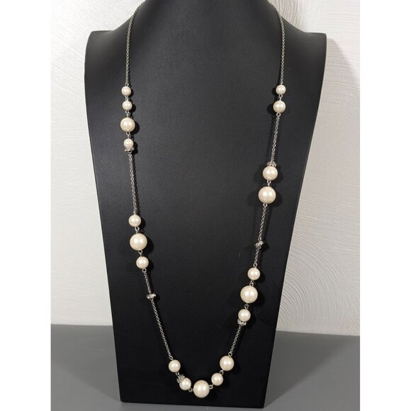 Retro White Faux Pearl Station Chain Rhinestone Long Layering Necklace 34" - Picture 1 of 7